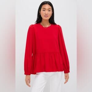Pomander Place Carlota Peplum Blouse in Red Long Sleeve Top Ruched Flowy Keyhole